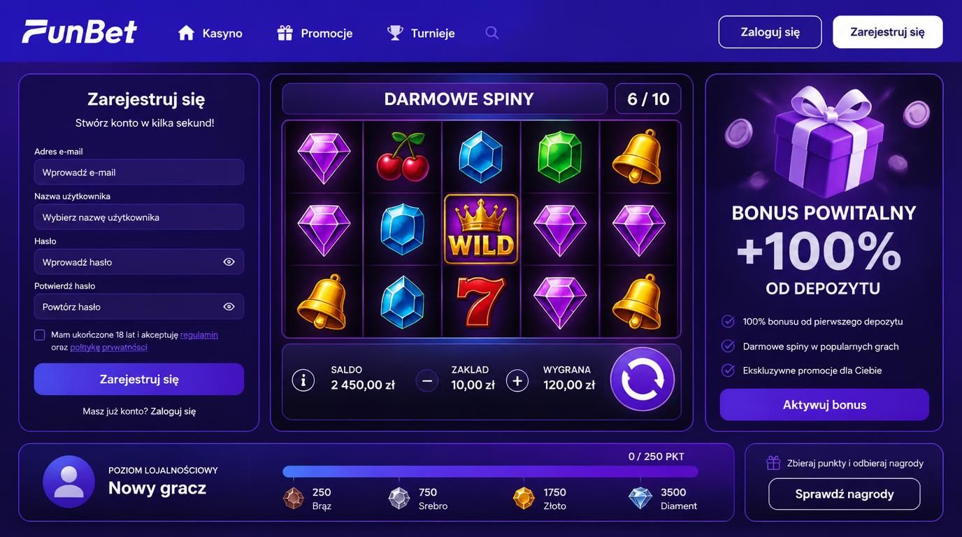 Obraz przedstawiający powitalny bonus w Funbet Casino z darmowymi spinami i poziomem lojalnościowym